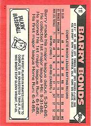 Barry Bonds 1986 Topps Baseball Rookie Card - Back